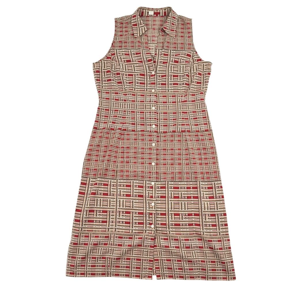 Tape Measure Plaid Shirt Dress Sleeveless Red Tan Button Front Size 8 Retro Geo